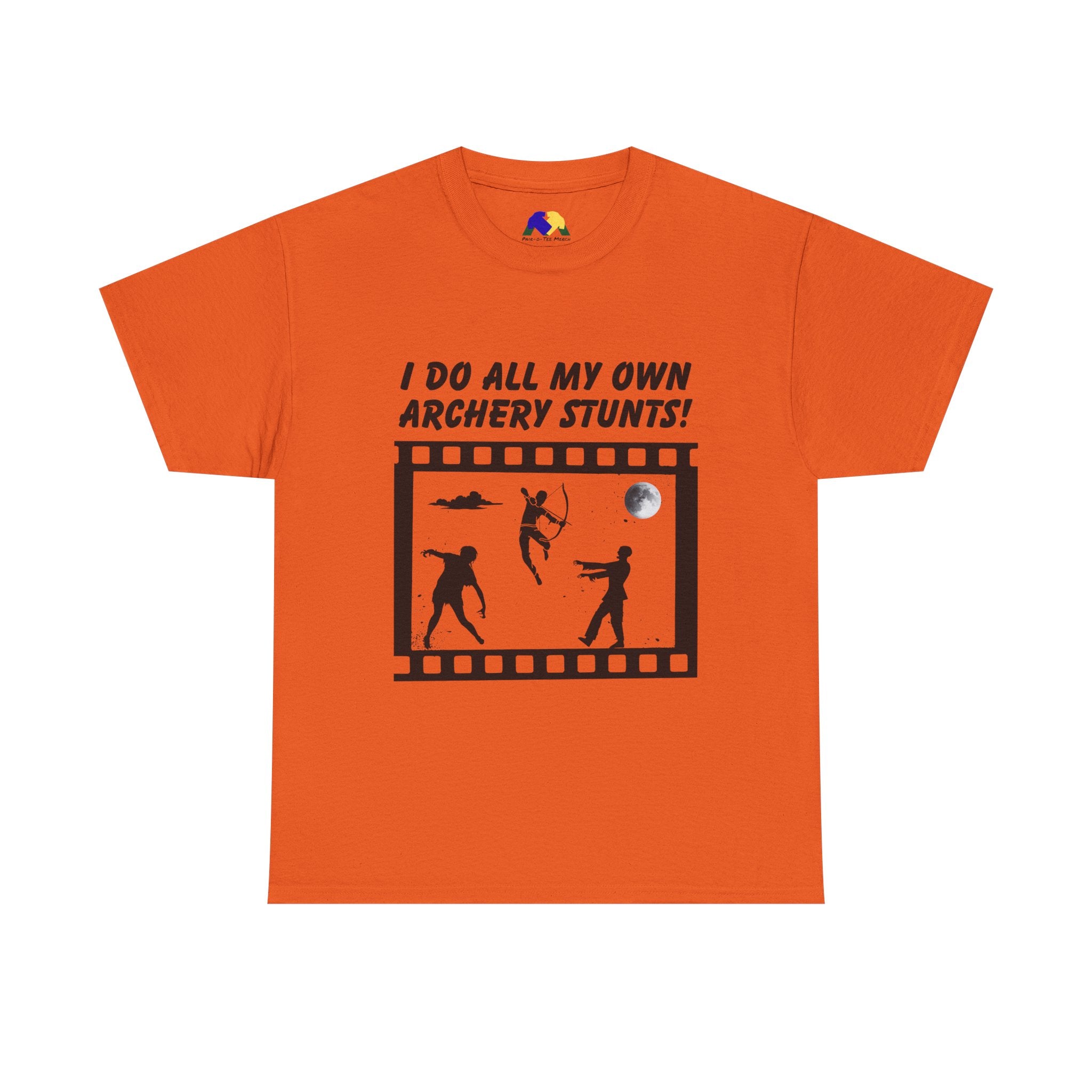 I do all my own Archery Stunts! Zombies Unisex Tee - Fun Unisex Heavy Cotton T-Shirt for Archery Lovers, Gift for Adventurers, Movie Buffs, Funny T-Shirt