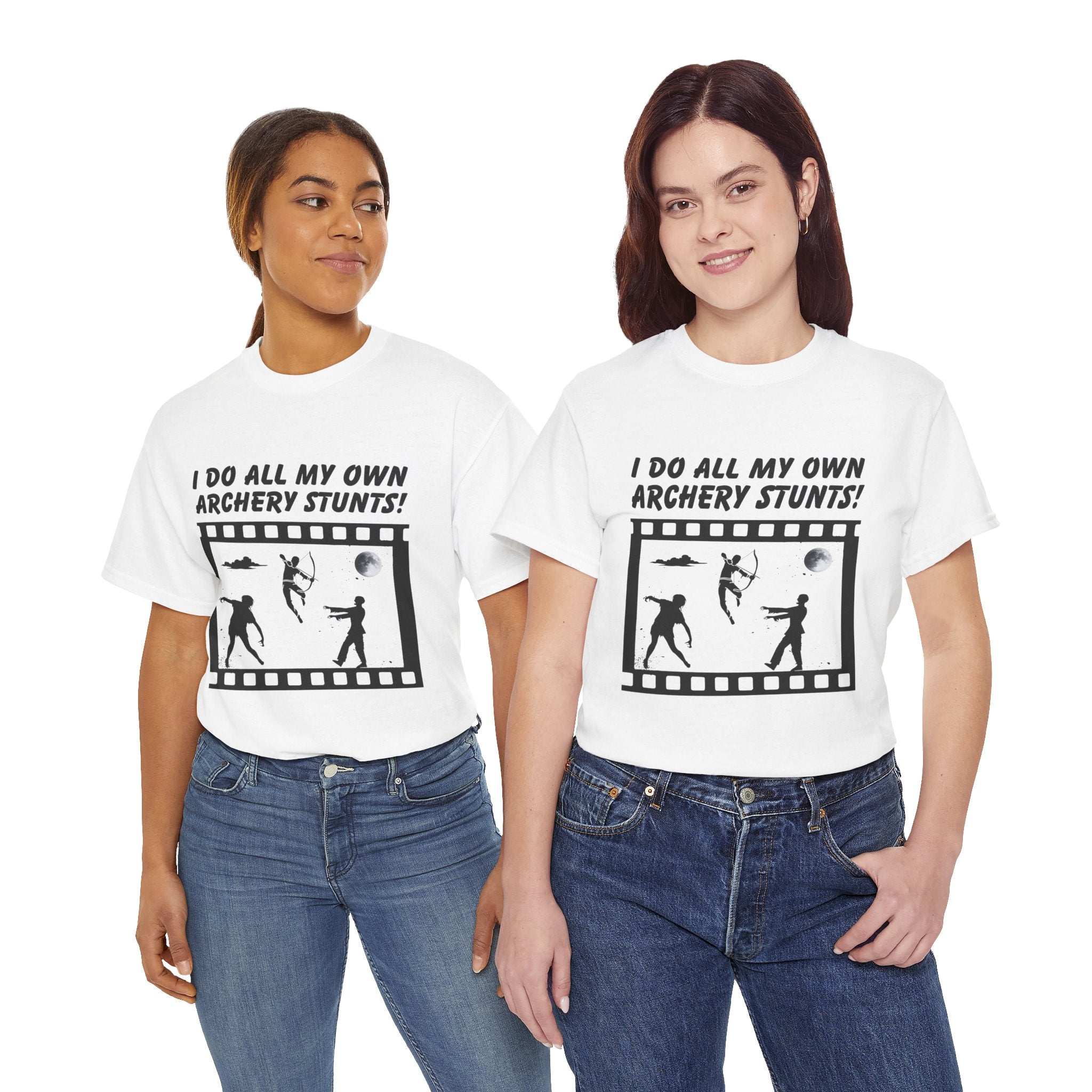 I do all my own Archery Stunts! Zombies Unisex Tee - Fun Unisex Heavy Cotton T-Shirt for Archery Lovers, Gift for Adventurers, Movie Buffs, Funny T-Shirt