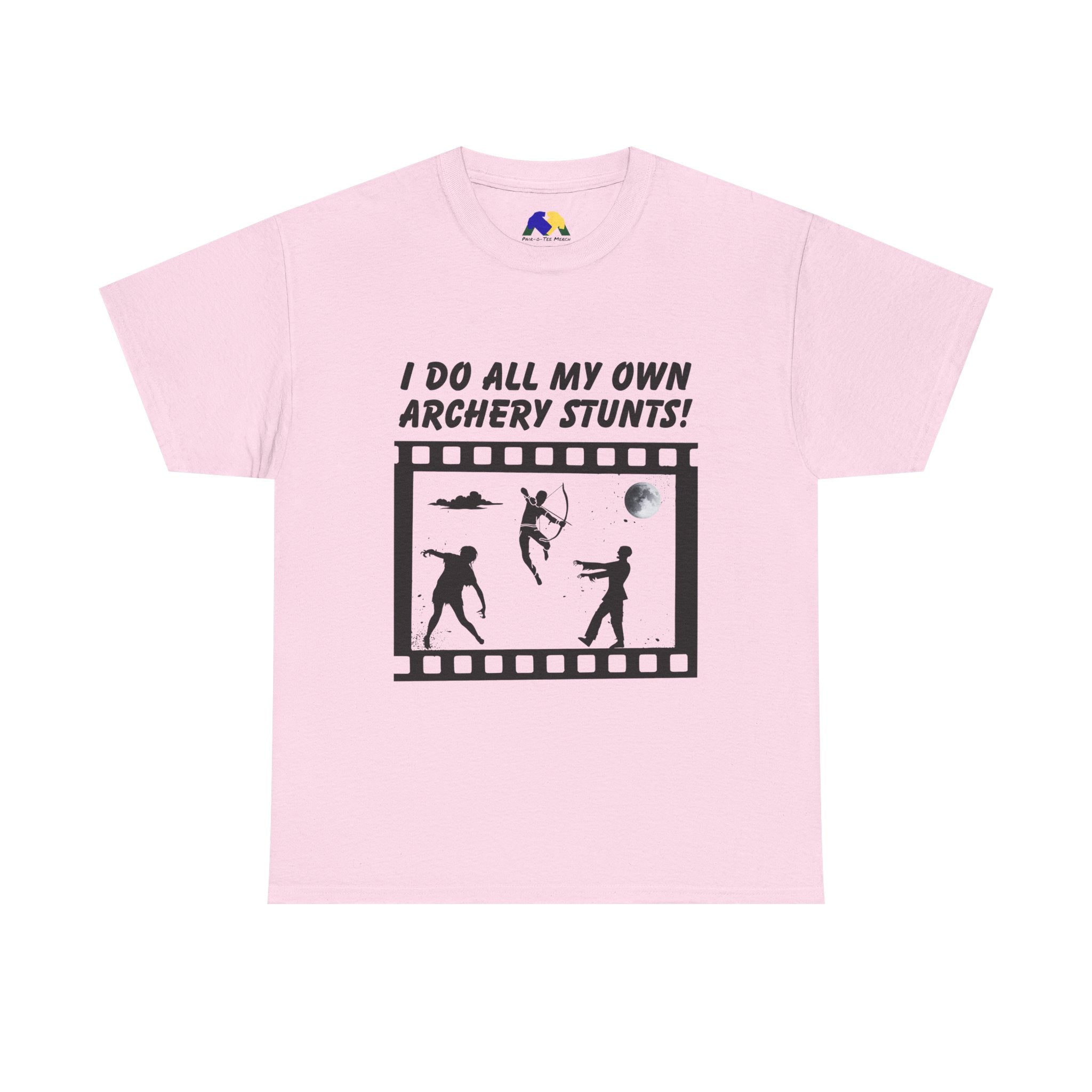 I do all my own Archery Stunts! Zombies Unisex Tee - Fun Unisex Heavy Cotton T-Shirt for Archery Lovers, Gift for Adventurers, Movie Buffs, Funny T-Shirt