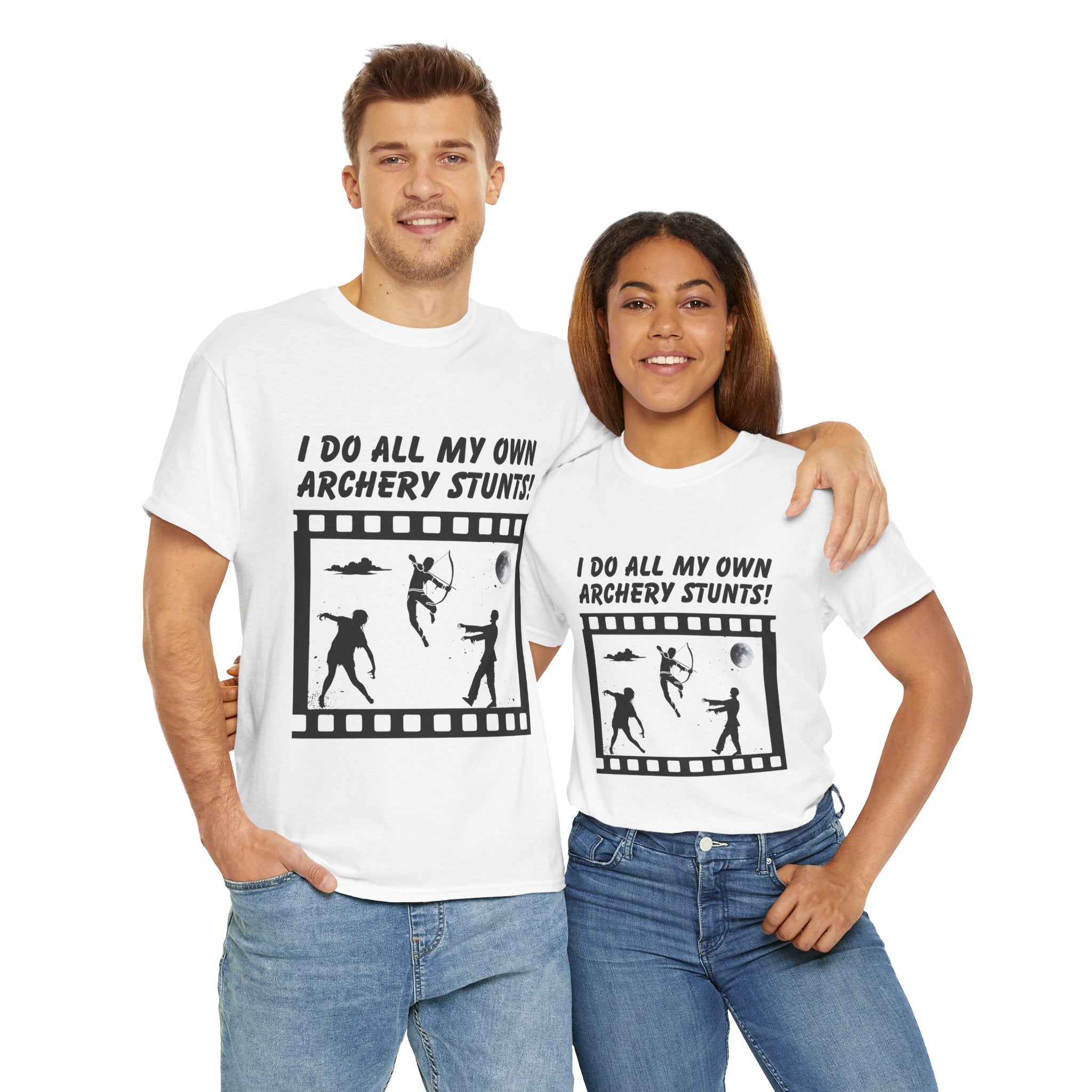 I do all my own Archery Stunts! Zombies Unisex Tee - Fun Unisex Heavy Cotton T-Shirt for Archery Lovers, Gift for Adventurers, Movie Buffs, Funny T-Shirt