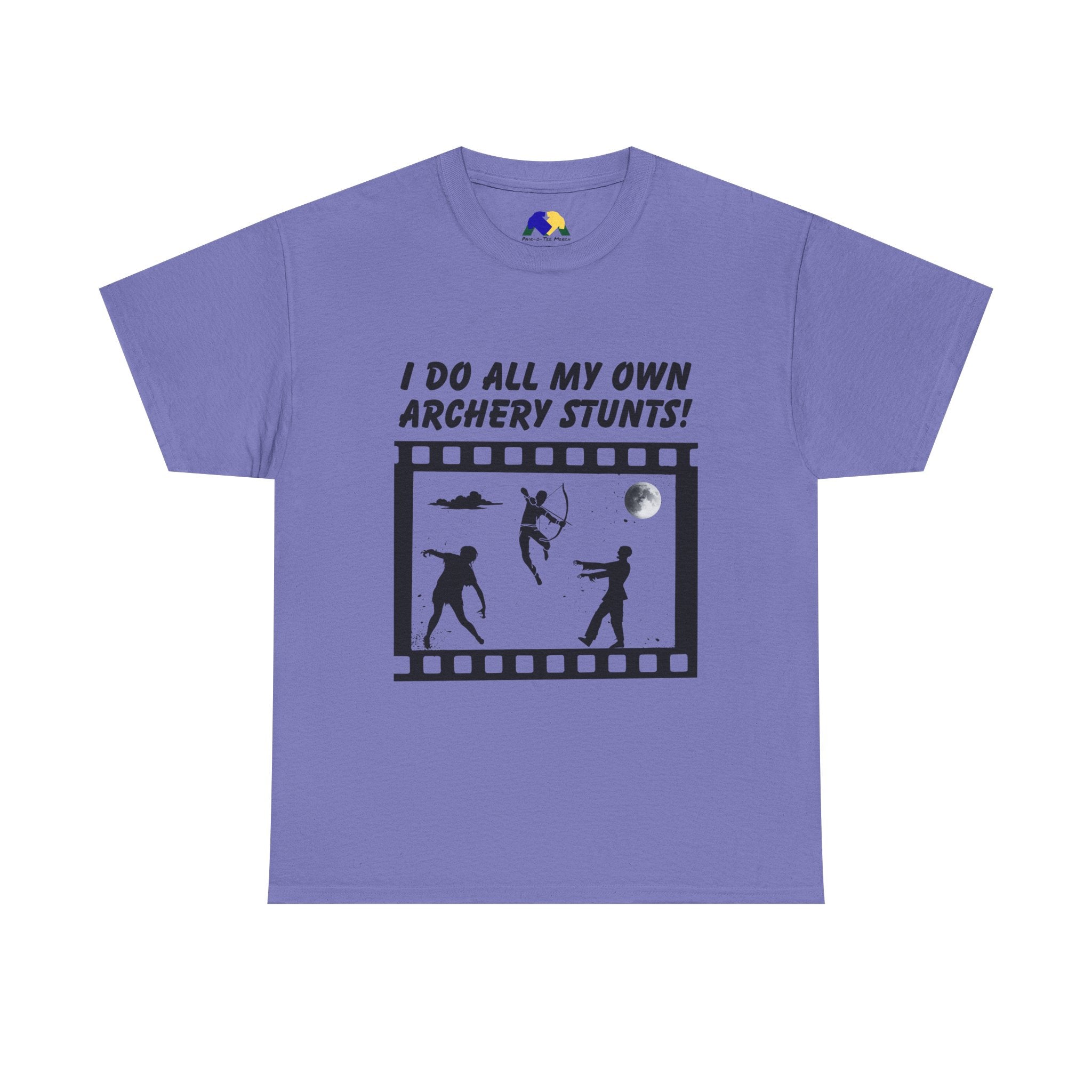 I do all my own Archery Stunts! Zombies Unisex Tee - Fun Unisex Heavy Cotton T-Shirt for Archery Lovers, Gift for Adventurers, Movie Buffs, Funny T-Shirt