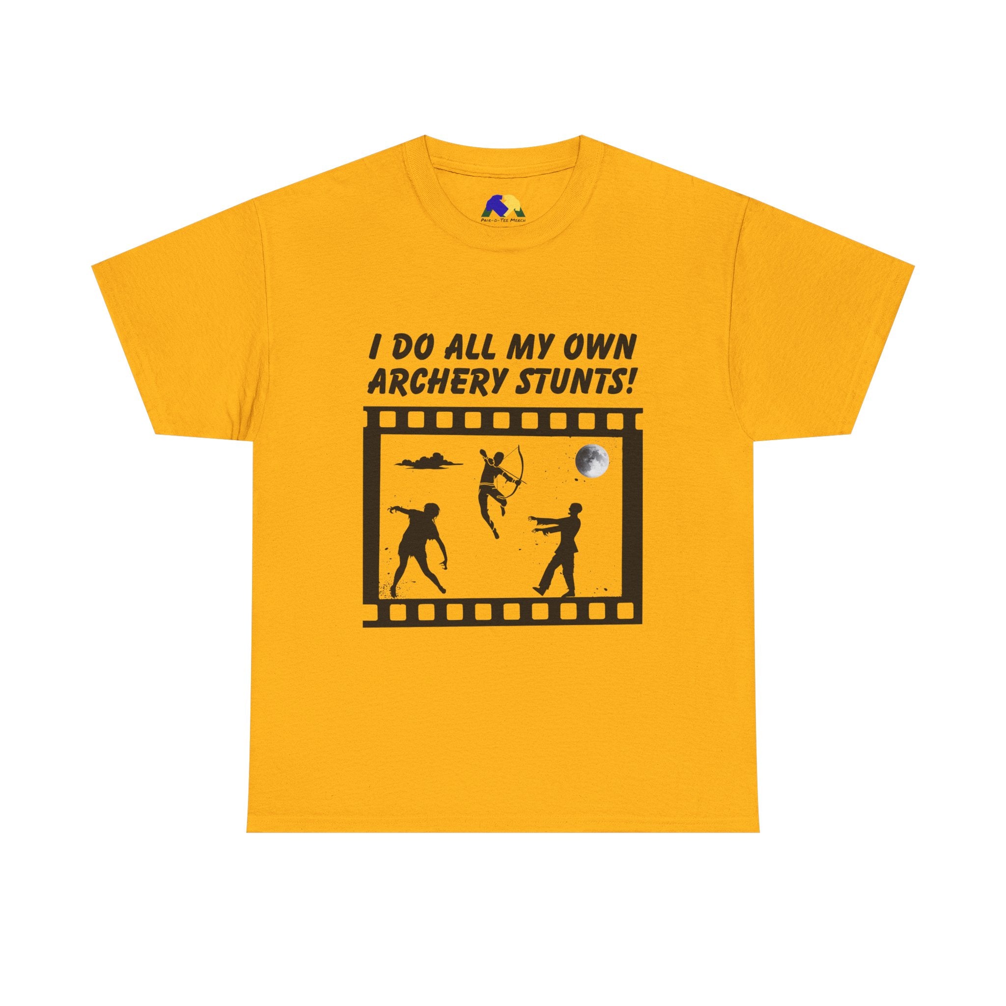 I do all my own Archery Stunts! Zombies Unisex Tee - Fun Unisex Heavy Cotton T-Shirt for Archery Lovers, Gift for Adventurers, Movie Buffs, Funny T-Shirt