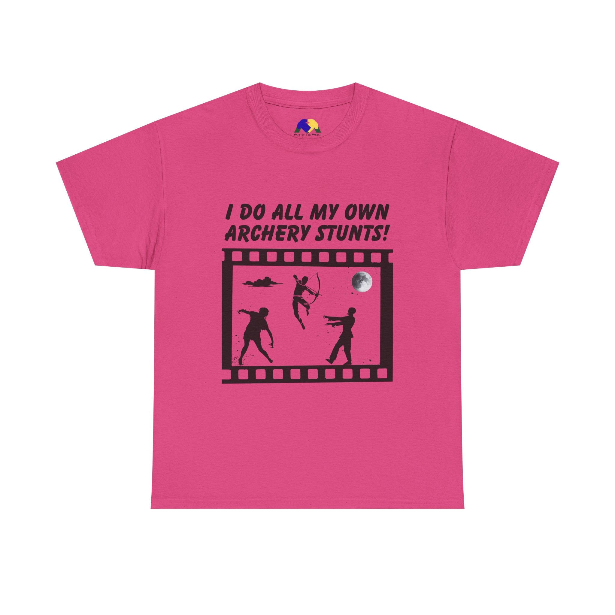 I do all my own Archery Stunts! Zombies Unisex Tee - Fun Unisex Heavy Cotton T-Shirt for Archery Lovers, Gift for Adventurers, Movie Buffs, Funny T-Shirt