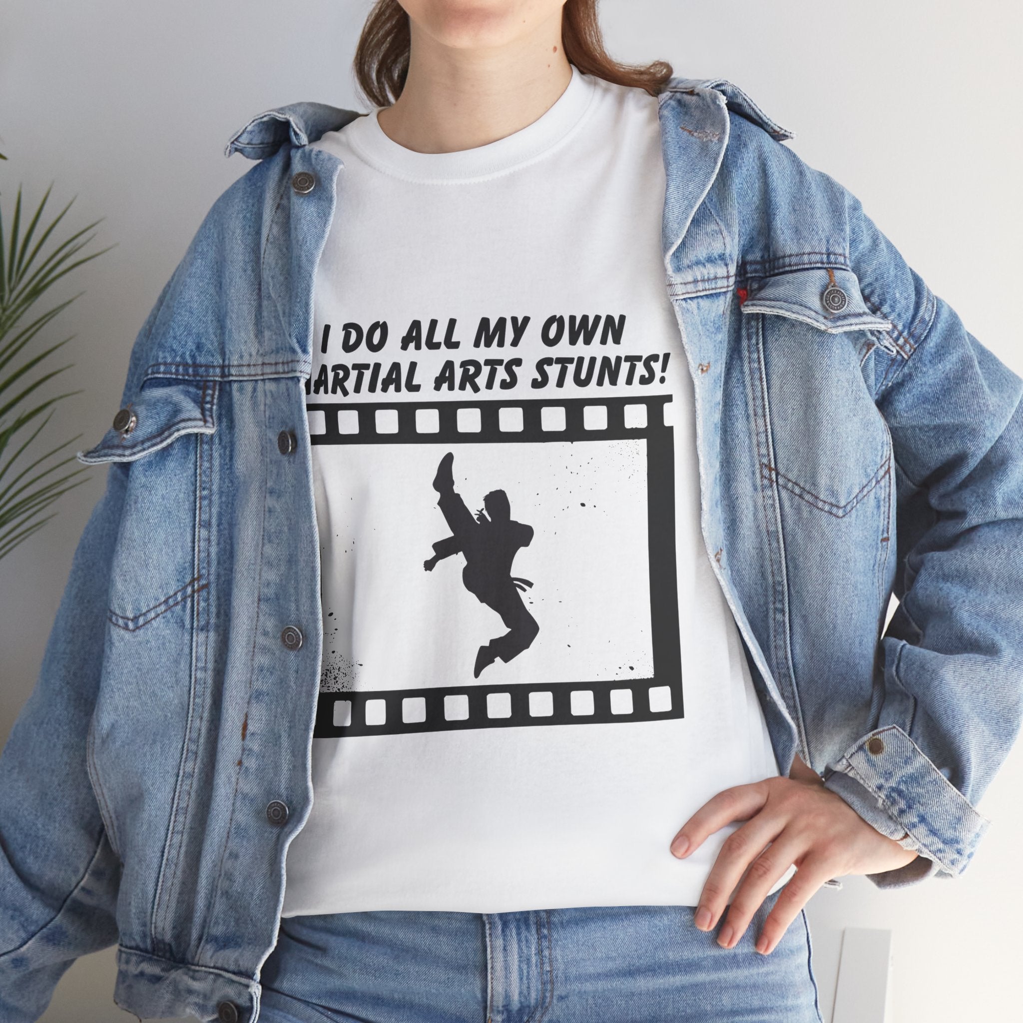 I do all my own Martial Arts Stunts! Jump Kick Unisex Tee - Unisex Cotton Shirt for Martial Artists, Training Gear, Gym Wear, Gift for Action Movie Fans, Fun Workout Apparel