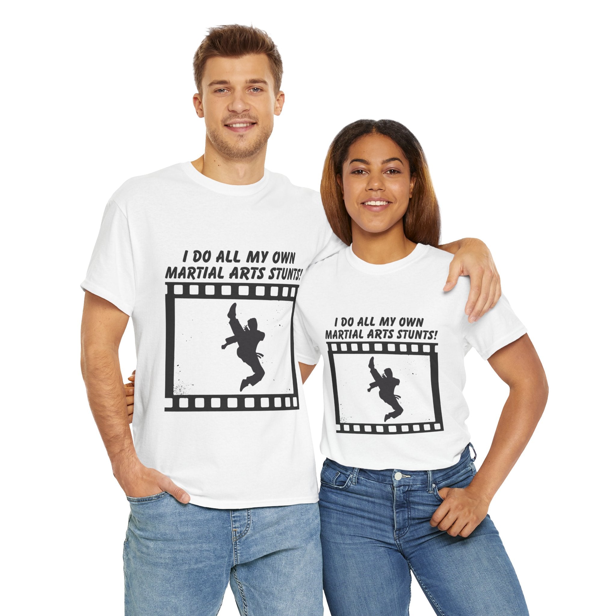 I do all my own Martial Arts Stunts! Jump Kick Unisex Tee - Unisex Cotton Shirt for Martial Artists, Training Gear, Gym Wear, Gift for Action Movie Fans, Fun Workout Apparel