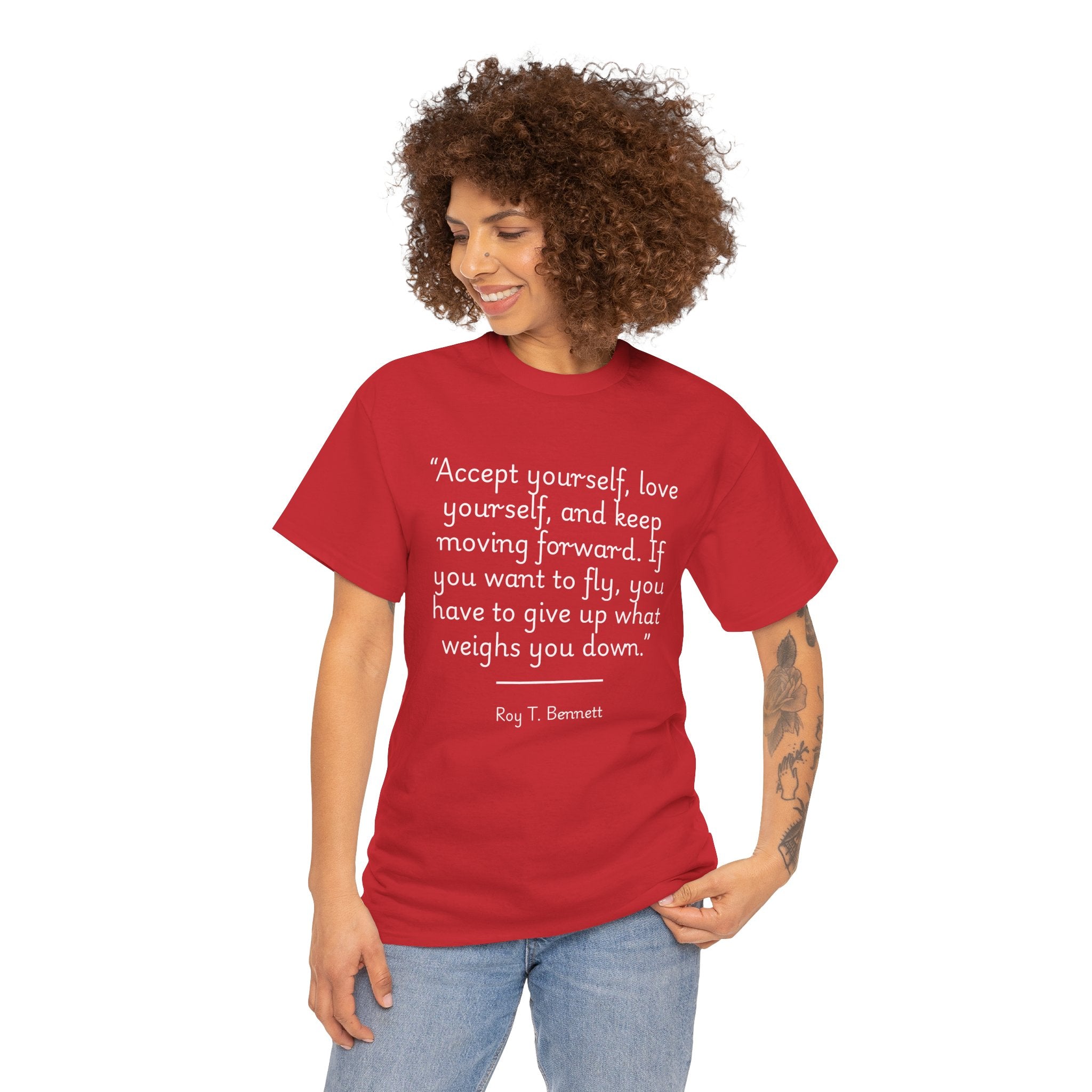 Roy T Bennett "Accept yourself" Inspirational Quote T-Shirt, Motivational Cotton Tee, Gift for Friends, Self-Help Apparel, Unisex Casual Wear