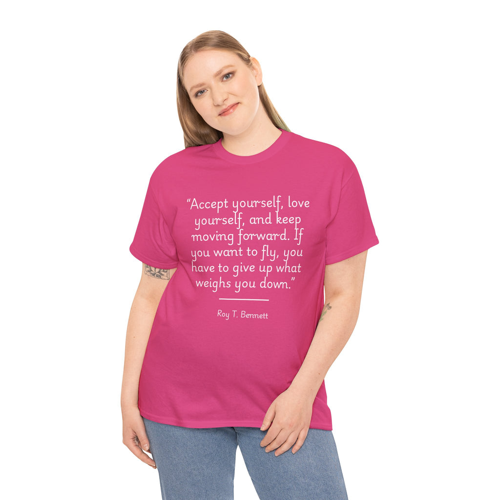 Roy T Bennett "Accept yourself" Inspirational Quote T-Shirt, Motivational Cotton Tee, Gift for Friends, Self-Help Apparel, Unisex Casual Wear
